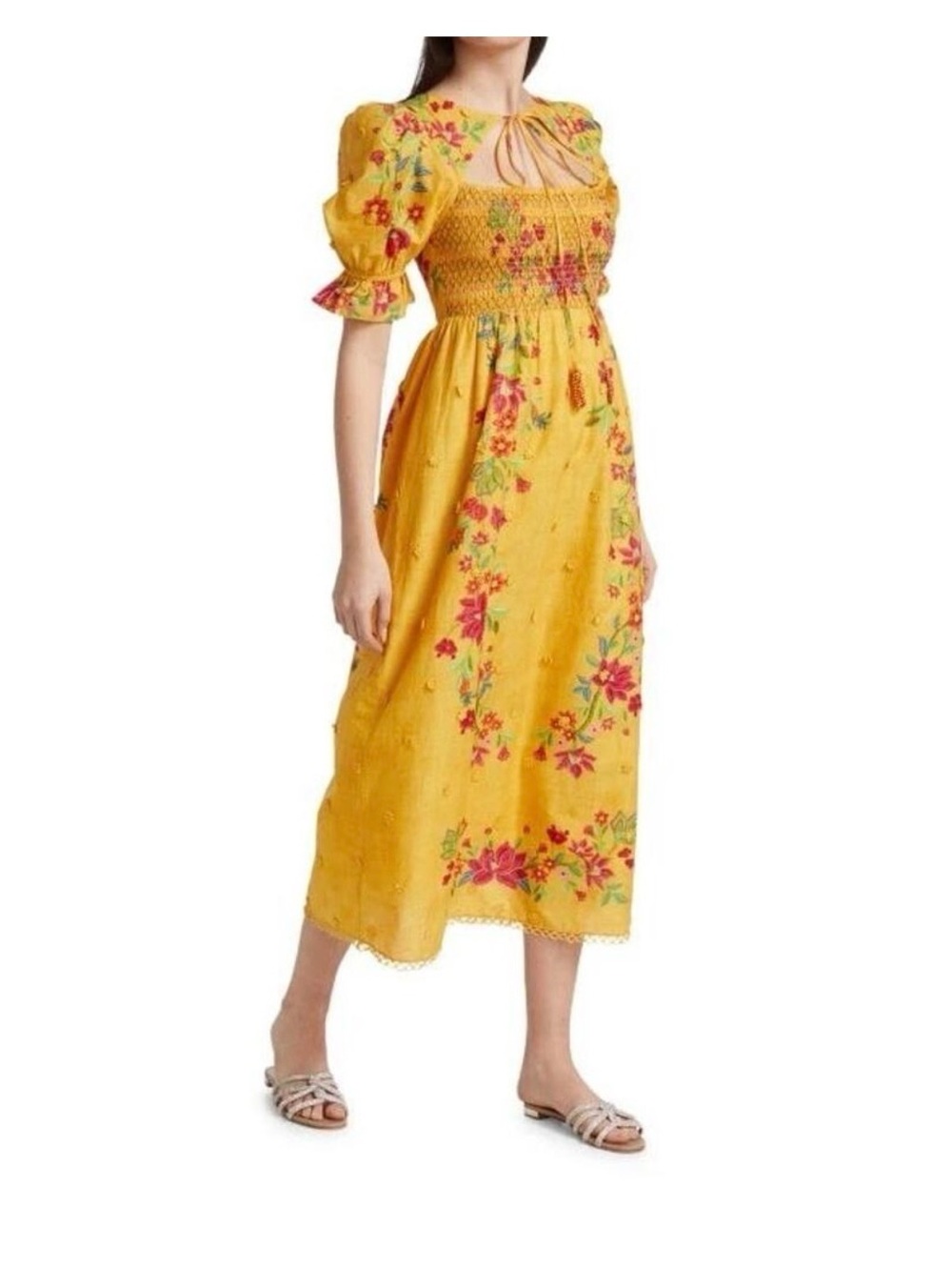 FARM Rio Yellow Floral Dream Smocked Midi Dress L - Picture 3 of 14
